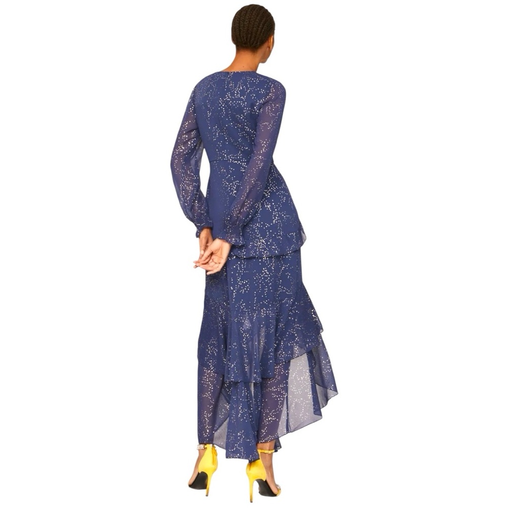 Anthropologie Hutch Molly Gown Navy Gold Sparkly Chiffon Ruffled Tiered Small 00 - Picture 14 of 15